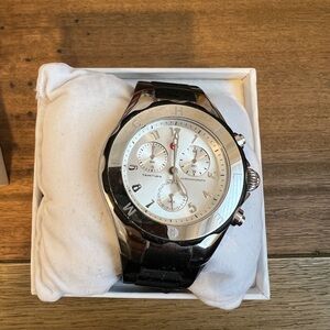 Michele jelly watch, silver face with black rubber band, in box
